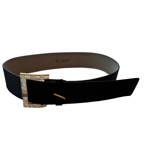 St. John Black Belt With Gold & Rhinestone Buckle Size 12